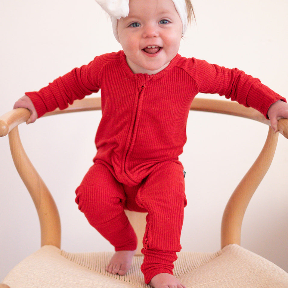 'Red' Ribbed Bamboo Zip Romper