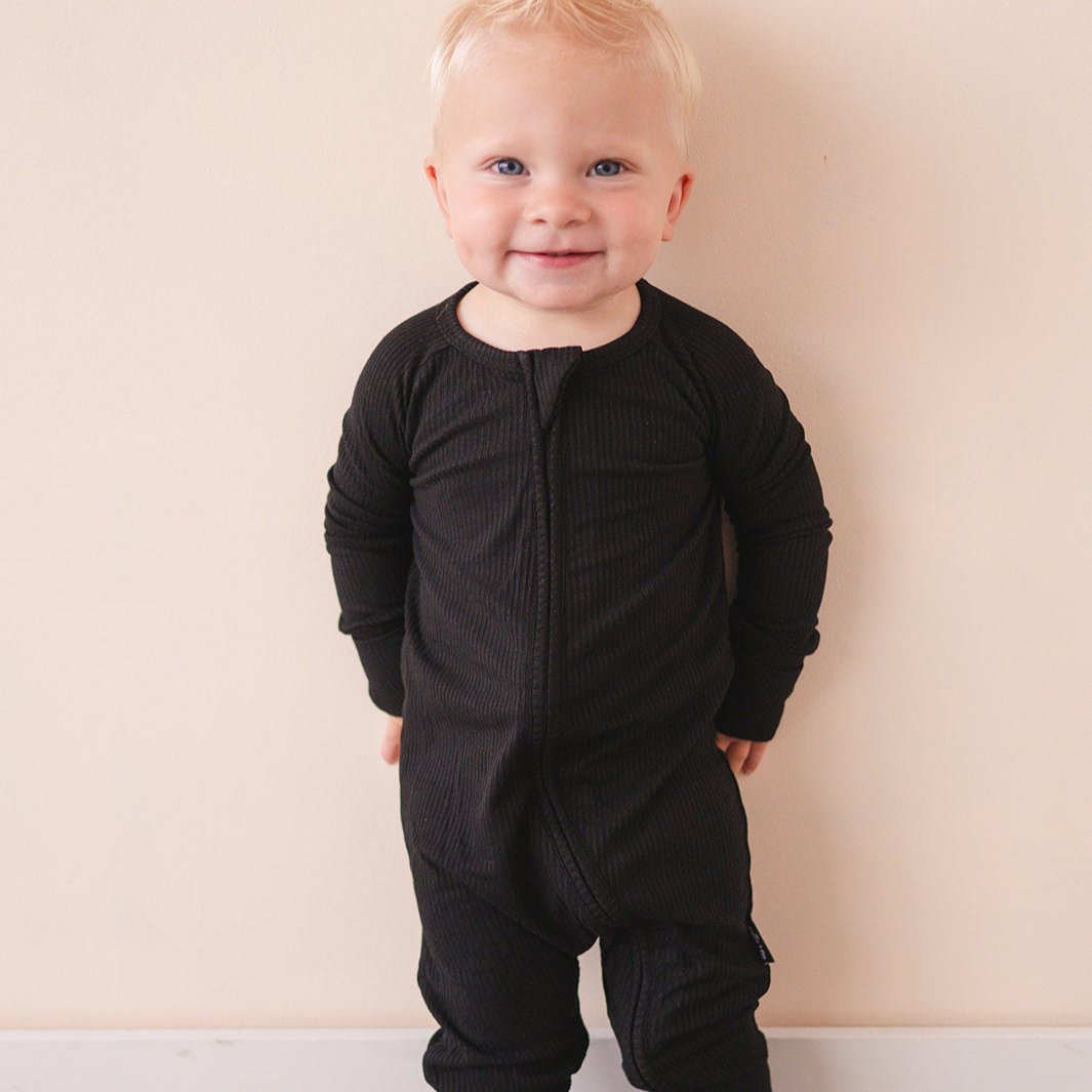Midnight Ribbed Bamboo Baby Zip Romper