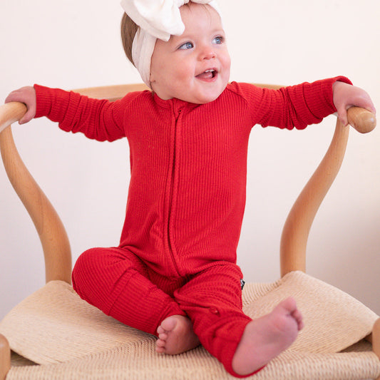 'Red' Ribbed Bamboo Zip Romper