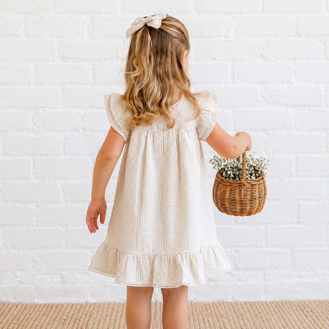 Lorena Seersucker Double Ruffle Sleeve Baby & Kids Dress - Dune Stripe