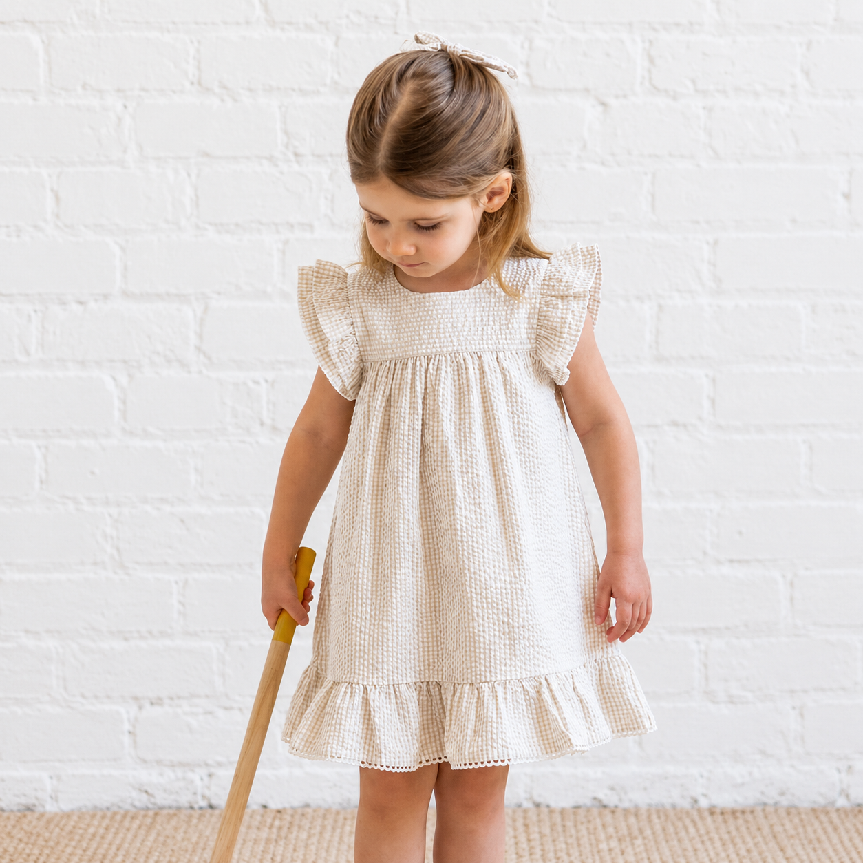 Lorena Seersucker Double Ruffle Sleeve Baby & Kids Dress - Dune Stripe
