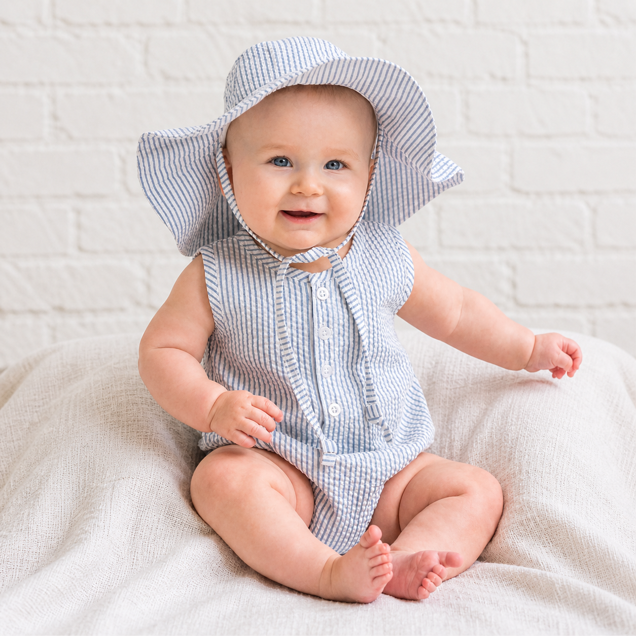 Wren Seersucker Baby Bubble Romper - Shore Stripe / Sea