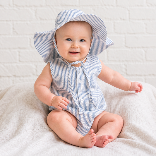 Wren Seersucker Baby Bubble Romper - Shore Stripe / Sea