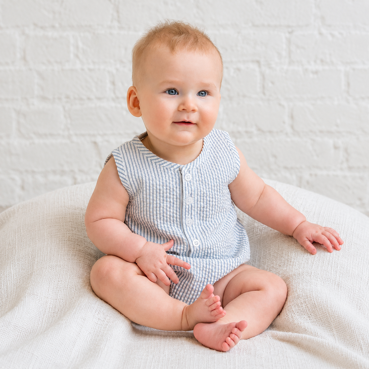 Wren Seersucker Baby Bubble Romper - Shore Stripe / Sea