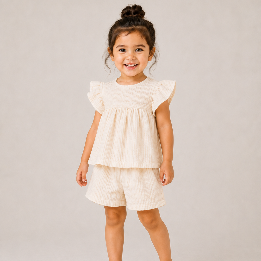 A young child wearing a cream-colored two-piece outfit with a ruffled short-sleeve top and matching shorts, paired with beige shoes, standing against a neutral light gray studio background.